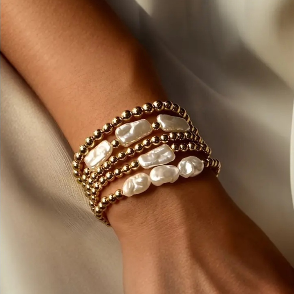 Elegant Gold Beaded Faux Pearl Bracelet Set ~ 5 Pieces - Picture 4 of 4